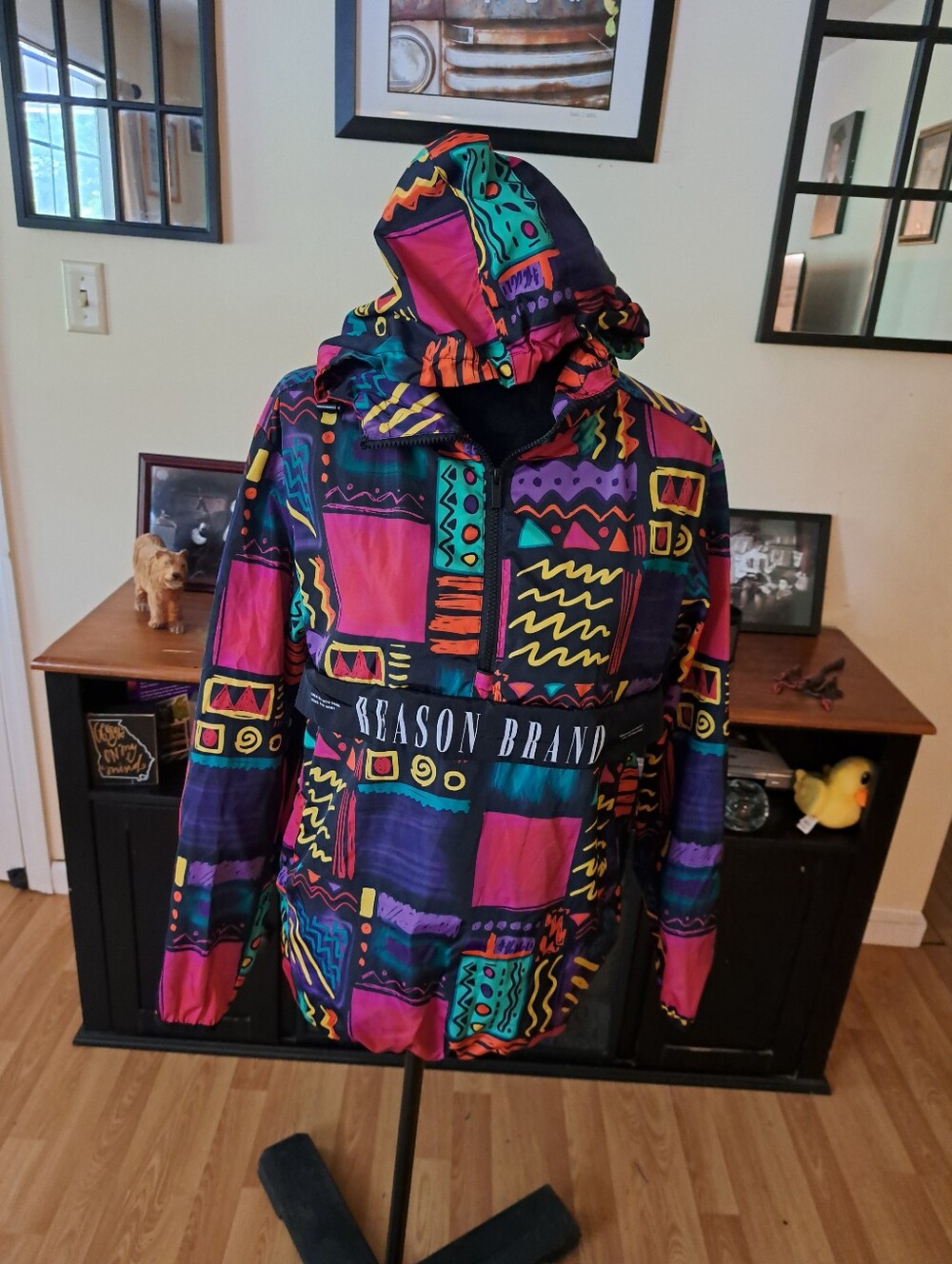 Reason Brand Retro 90s Windbreaker Jacket Mens Small New Colorful Geometric